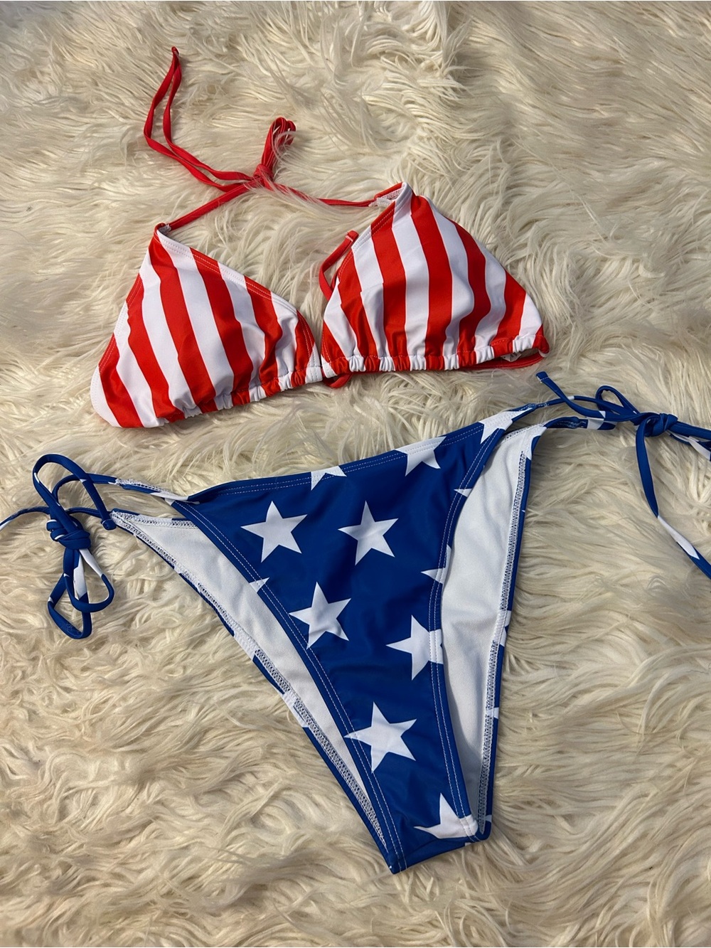 Red & White Stripe Triangle Bikini Top with Blue Star String Bottoms